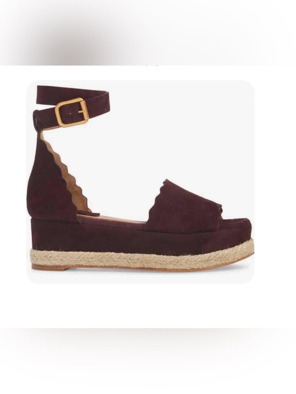 Chloe Lauren Scalloped Ankle-Strap Espadrille in Maroon Burgundy Suede